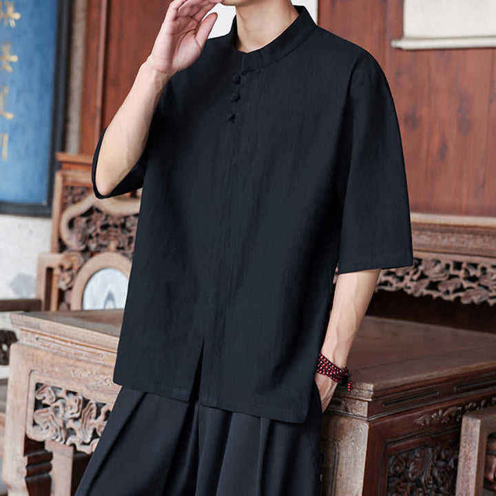 Buddha Stones Camisas de manga hasta el codo para hombre, estilo Tang, informales, con botones de rana, de algodón y lino, para primavera y verano. - image 11