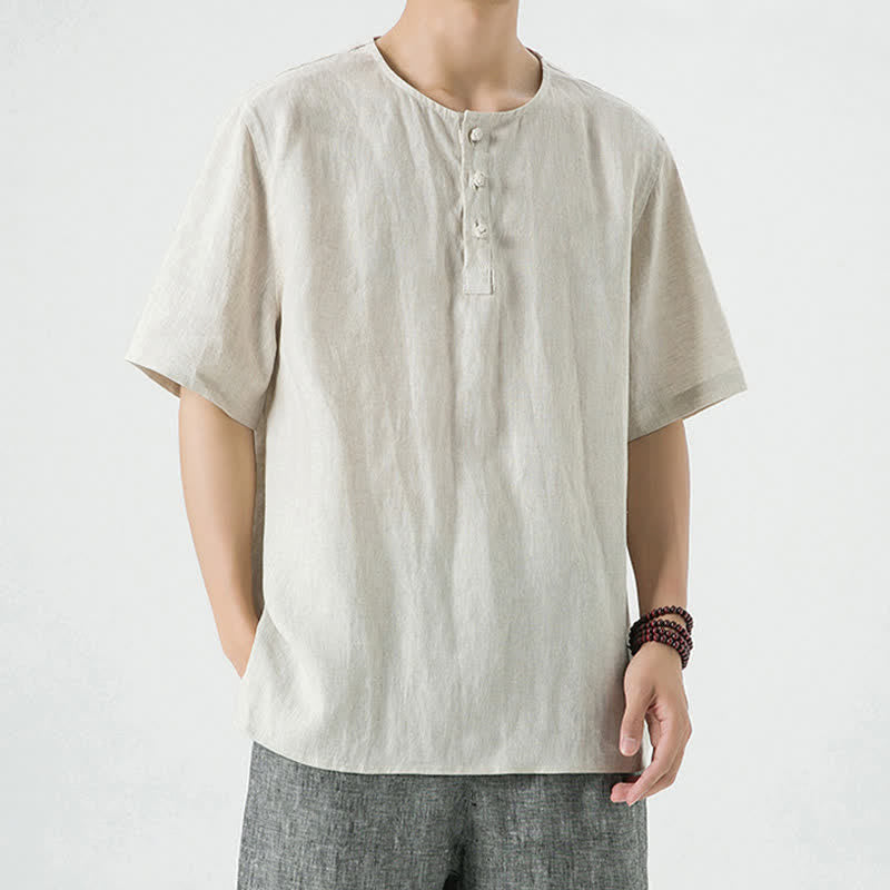 Buddha Stones Camisas de manga corta para hombre, estilo casual minimalista, con botones, para primavera y verano. - Lino - US/UK/AU46, EU56 (5XL) - image 0