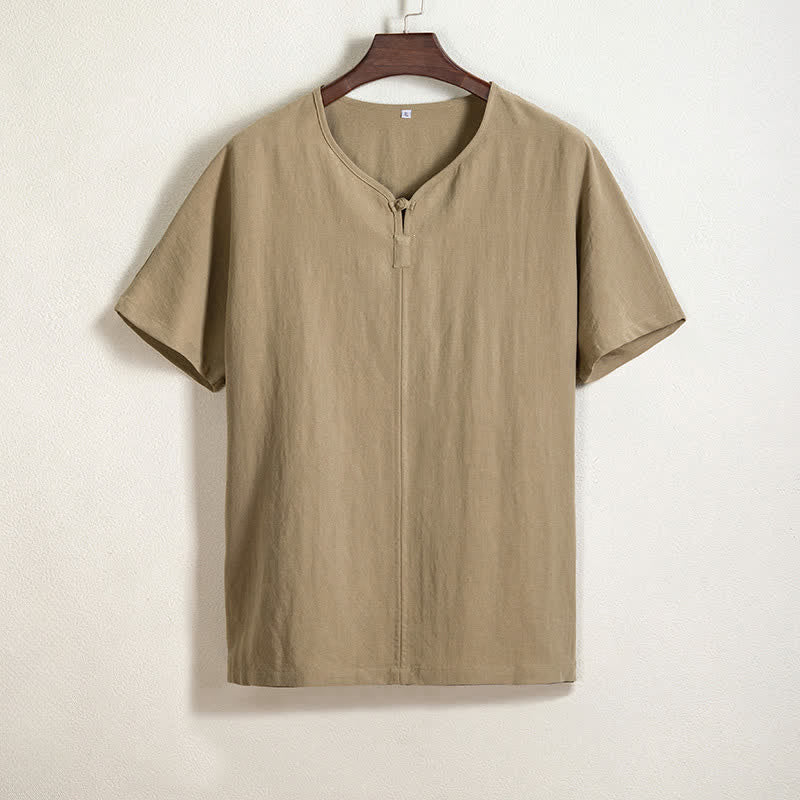 Buddha Stones Camisas de manga corta para hombre, estilo Tang, informales de verano, con cuello en V y color liso. - Broncearse - US/UK/AU44, EU54 (4XL) - image 0