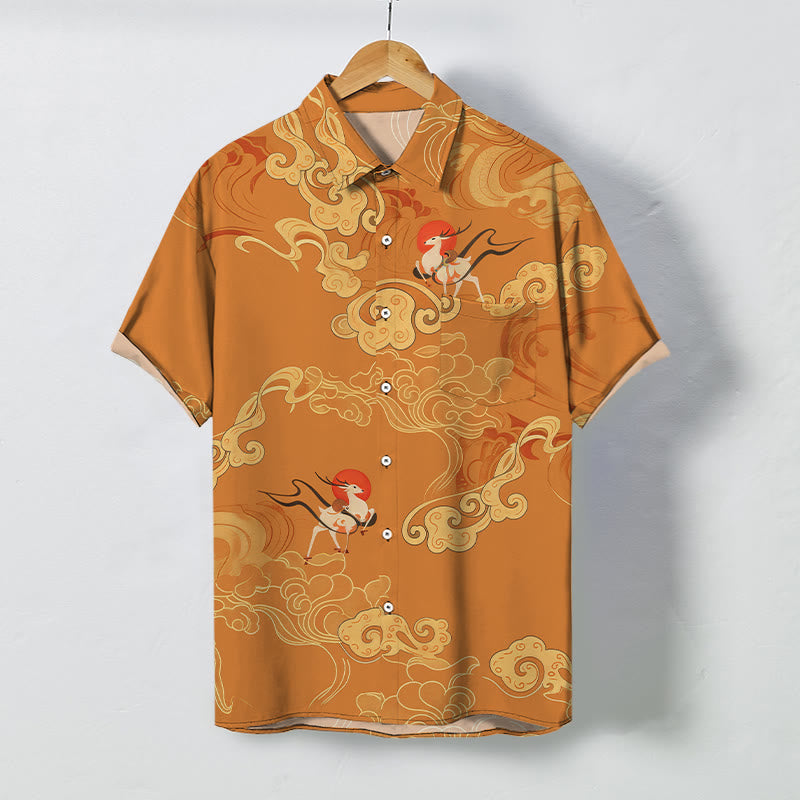 Buddha Stones Camisa transpirable de manga corta para hombre con botones y estampado de grulla celestial y nubes auspiciosas - Perú - US/UK/AU48, UE58 (4XL) - image 0