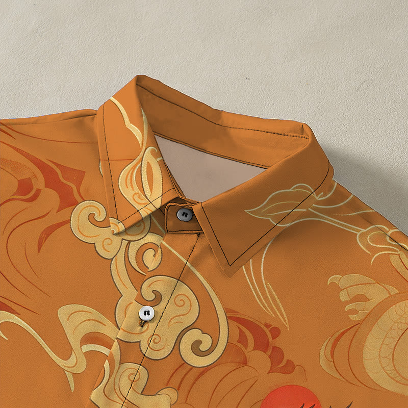 Buddha Stones Camisa transpirable de manga corta para hombre con botones y estampado de grulla celestial y nubes auspiciosas - image 2