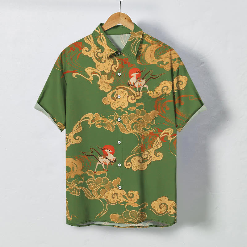 Buddha Stones Camisa transpirable de manga corta para hombre con botones y estampado de grulla celestial y nubes auspiciosas - Verde oliva - US/UK/AU48, UE58 (4XL) - image 5