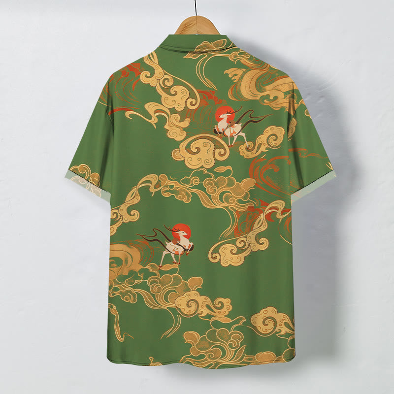 Buddha Stones Camisa transpirable de manga corta para hombre con botones y estampado de grulla celestial y nubes auspiciosas - image 6