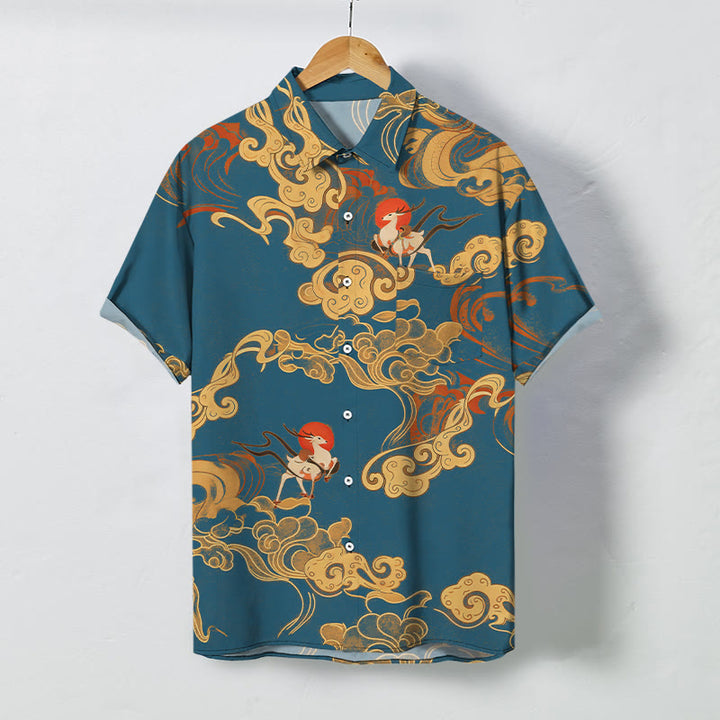 Buddha Stones Camisa transpirable de manga corta para hombre con botones y estampado de grulla celestial y nubes auspiciosas - Verde azulado - US/UK/AU48, UE58 (4XL) - image 7