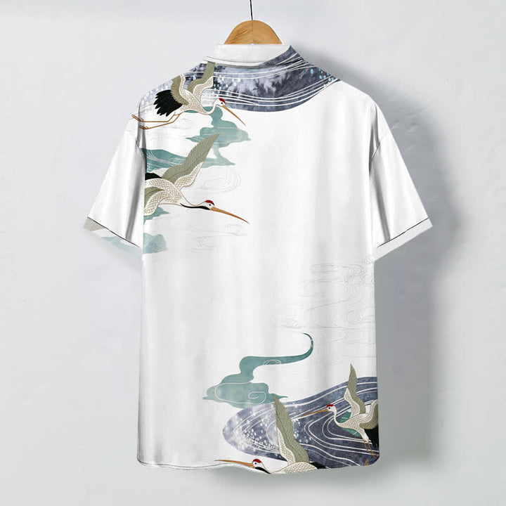 Buddha Stones Camisa transpirable de manga corta para hombre con botones y estampado de nubes y olas de grulla - image 1