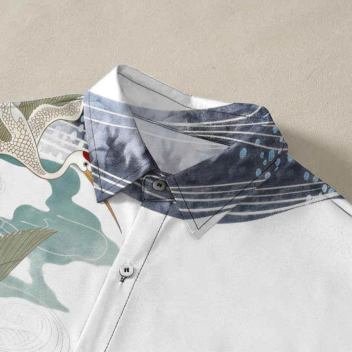 Buddha Stones Camisa transpirable de manga corta para hombre con botones y estampado de nubes y olas de grulla - image 2