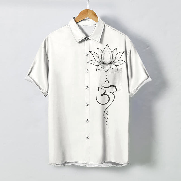 Buddha Stones Camisa transpirable de manga corta para hombre con botones y estampado de arte lineal Lotus Om - Blanco - US/UK/AU48, UE58 (4XL) - image 0
