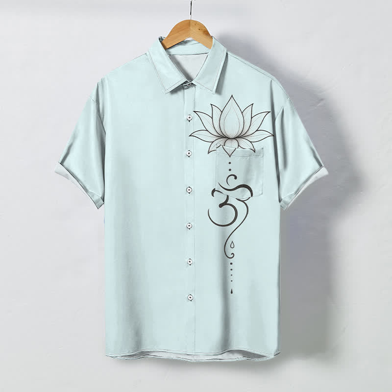 Buddha Stones Camisa transpirable de manga corta para hombre con botones y estampado de arte lineal Lotus Om - Cian claro - US/UK/AU48, UE58 (4XL) - image 3