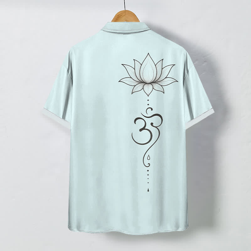 Buddha Stones Camisa transpirable de manga corta para hombre con botones y estampado de arte lineal Lotus Om - image 4