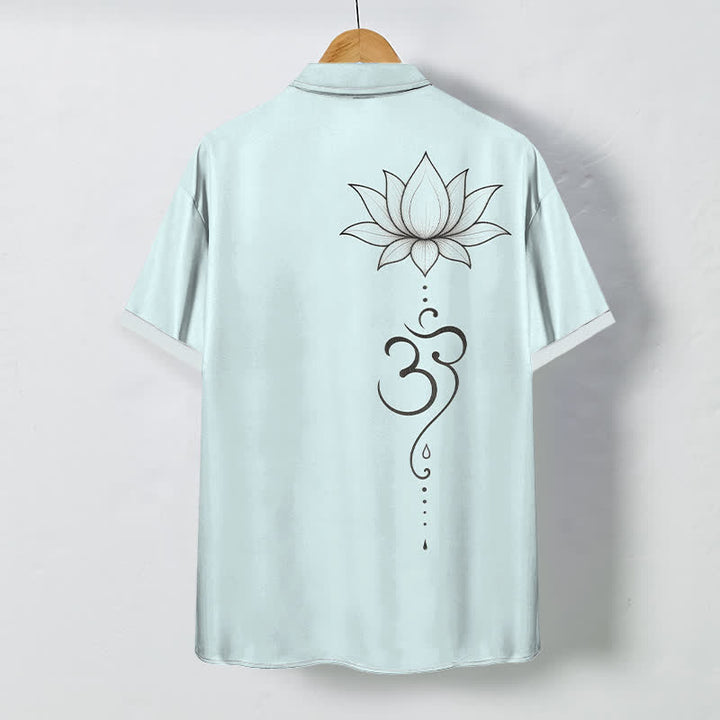 Buddha Stones Camisa transpirable de manga corta para hombre con botones y estampado de arte lineal Lotus Om - image 4
