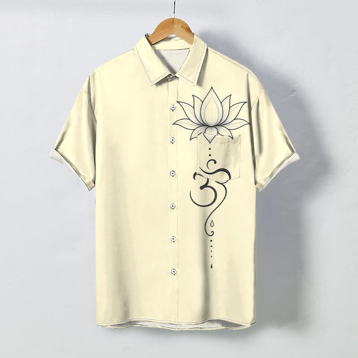 Buddha Stones Camisa transpirable de manga corta para hombre con botones y estampado de arte lineal Lotus Om - Beige - US/UK/AU48, UE58 (4XL) - image 5