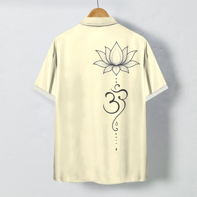 Buddha Stones Camisa transpirable de manga corta para hombre con botones y estampado de arte lineal Lotus Om - image 6