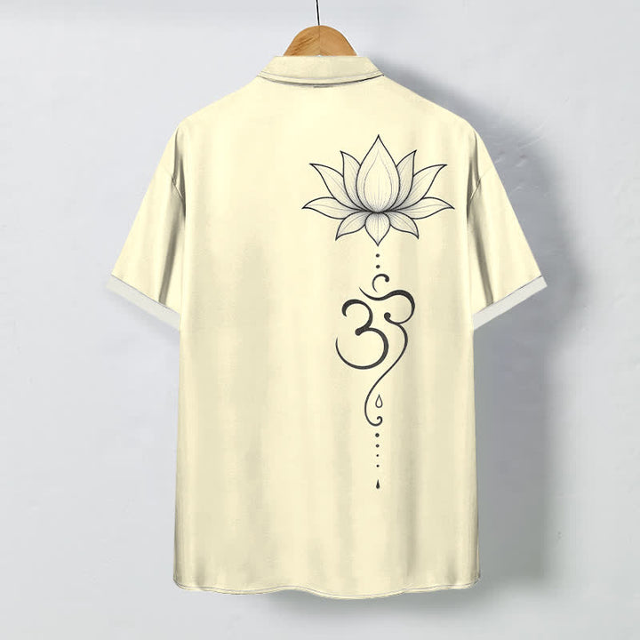 Buddha Stones Camisa transpirable de manga corta para hombre con botones y estampado de arte lineal Lotus Om - image 6