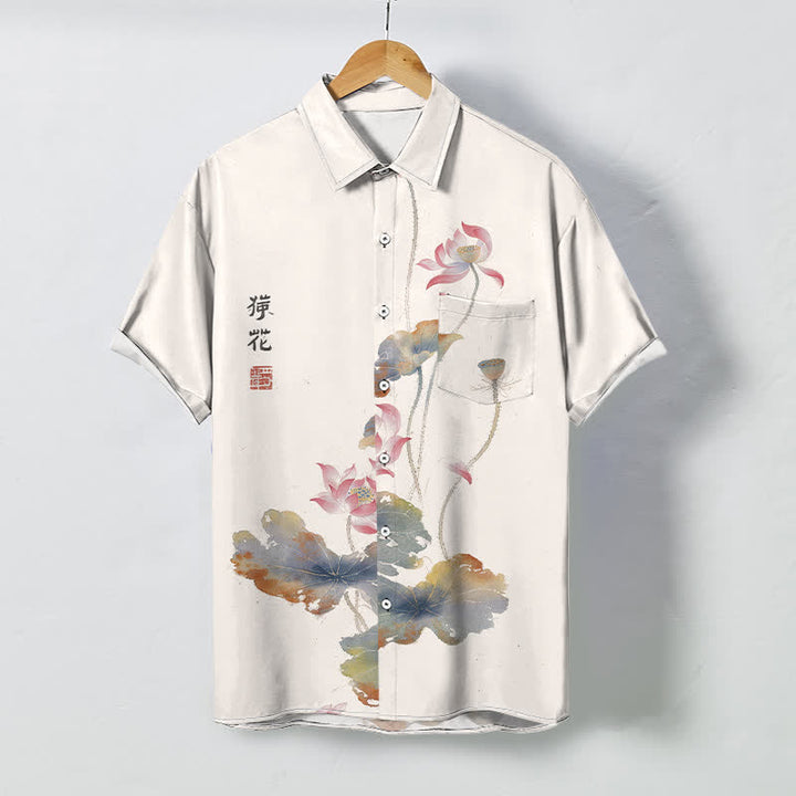 Buddha Stones Camisa transpirable de manga corta para hombre con botones y estampado de caligrafía Ink Lotus - Marfil - US/UK/AU48, UE58 (4XL) - image 0