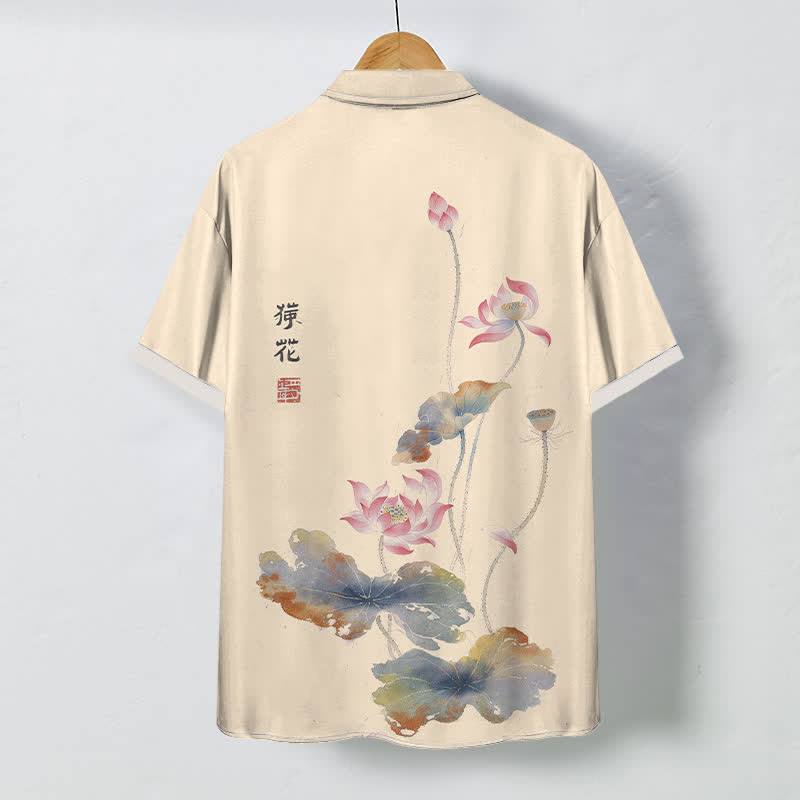 Buddha Stones Camisa transpirable de manga corta para hombre con botones y estampado de caligrafía Ink Lotus - image 4