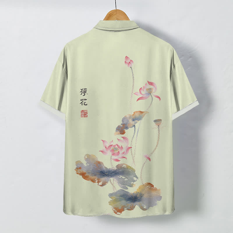 Buddha Stones Camisa transpirable de manga corta para hombre con botones y estampado de caligrafía Ink Lotus - image 6