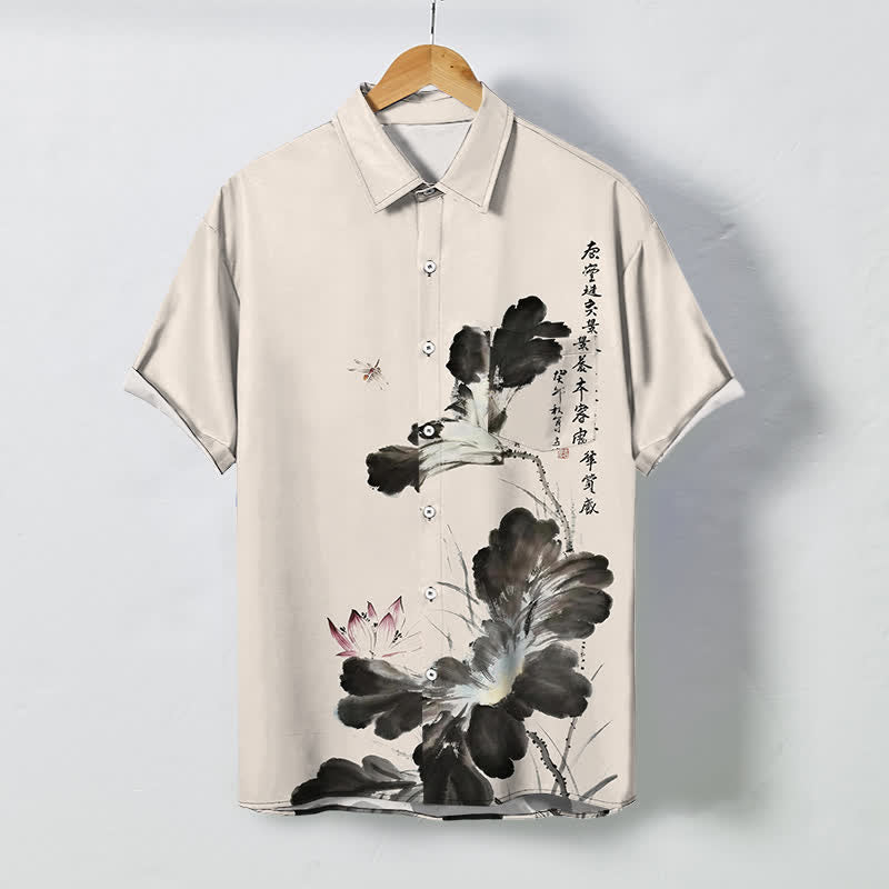 Buddha Stones Camisa transpirable de manga corta para hombre con botones y estampado de caligrafía floral en tinta - Beige - US/UK/AU48, UE58 (4XL) - image 0