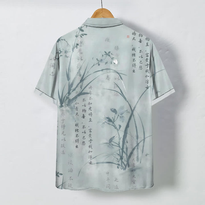 Buddha Stones Camisa transpirable de manga corta para hombre con botones y estampado de caligrafía Ink Bamboo. - image 1