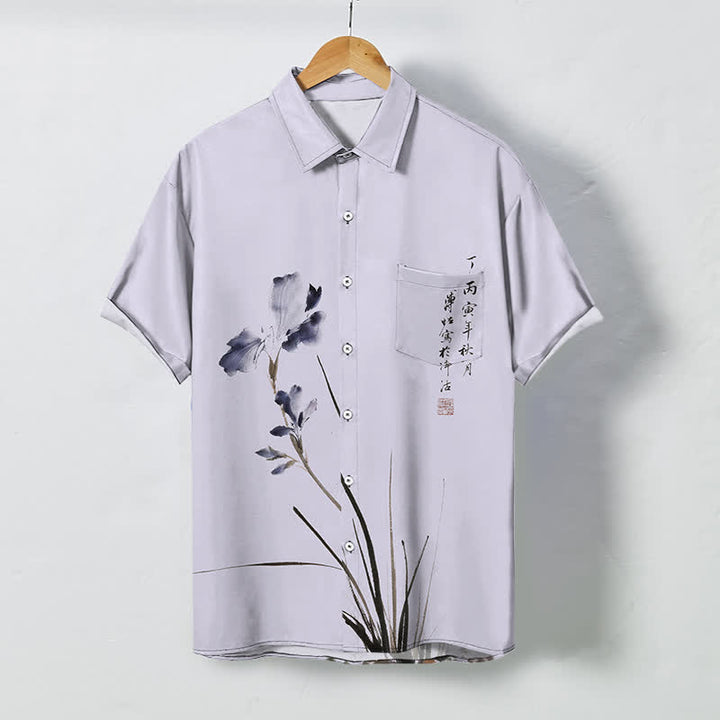 Buddha Stones Camisa transpirable de manga corta para hombre con botones y estampado de sellos con caligrafía floral en tinta - Lavanda - US/UK/AU48, UE58 (4XL) - image 0