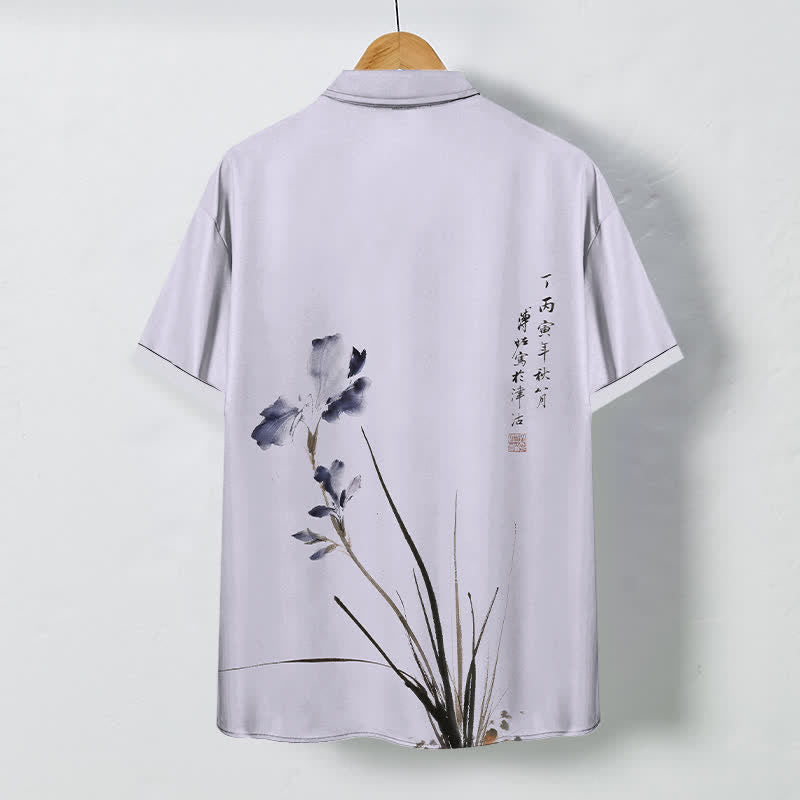 Buddha Stones Camisa transpirable de manga corta para hombre con botones y estampado de sellos con caligrafía floral en tinta - image 1