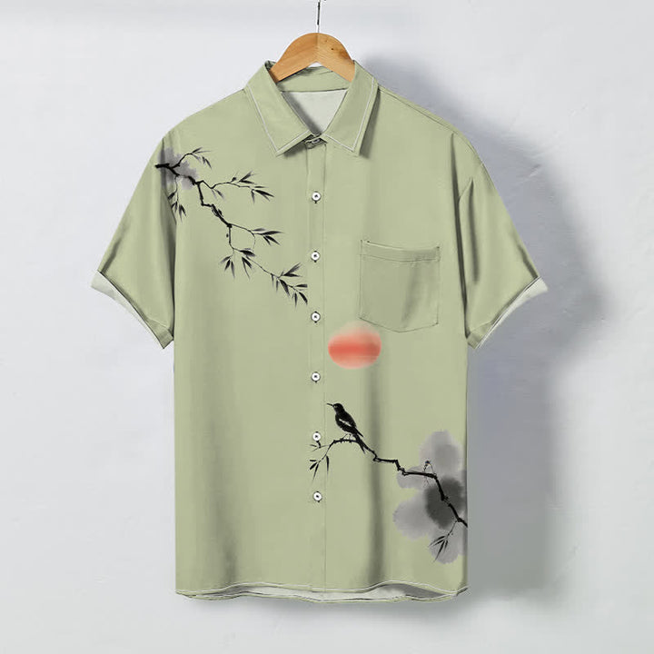 Buddha Stones Camisa transpirable de manga corta para hombre con estampado de pájaros de bambú y sol. - Verde mar oscuro - US/UK/AU48, UE58 (4XL) - image 3