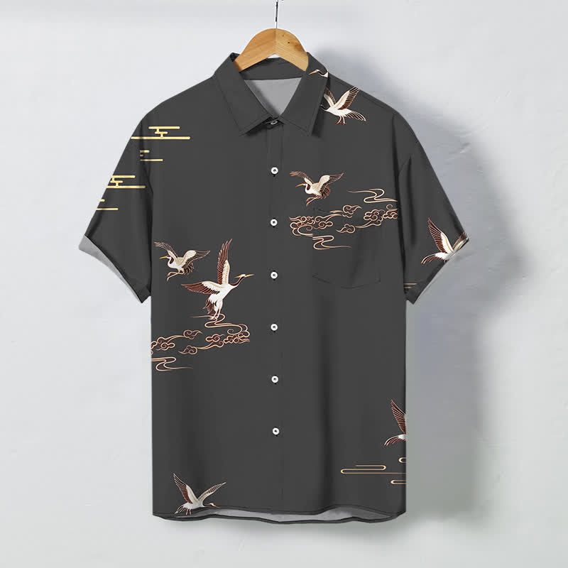 Buddha Stones Camisa de manga corta para hombre con botones y estampado de nubes y grullas rojas, resistente a las arrugas. - Gris oscuro - US/UK/AU48, UE58 (4XL) - image 5