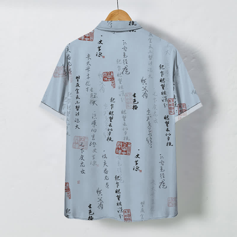 Buddha Stones Camisa transpirable de manga corta para hombre con botones y estampado de sello rojo y caligrafía china. - image 1