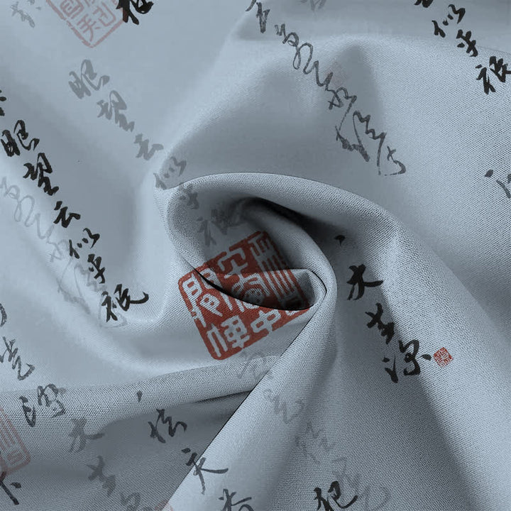 Buddha Stones Camisa transpirable de manga corta para hombre con botones y estampado de sello rojo y caligrafía china. - image 4