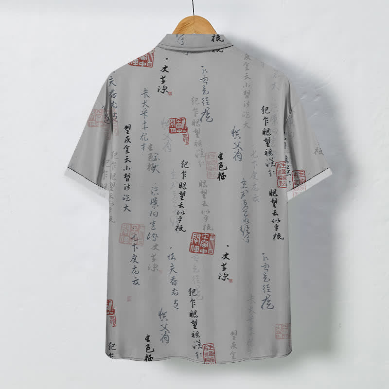 Buddha Stones Camisa transpirable de manga corta para hombre con botones y estampado de sello rojo y caligrafía china. - image 6