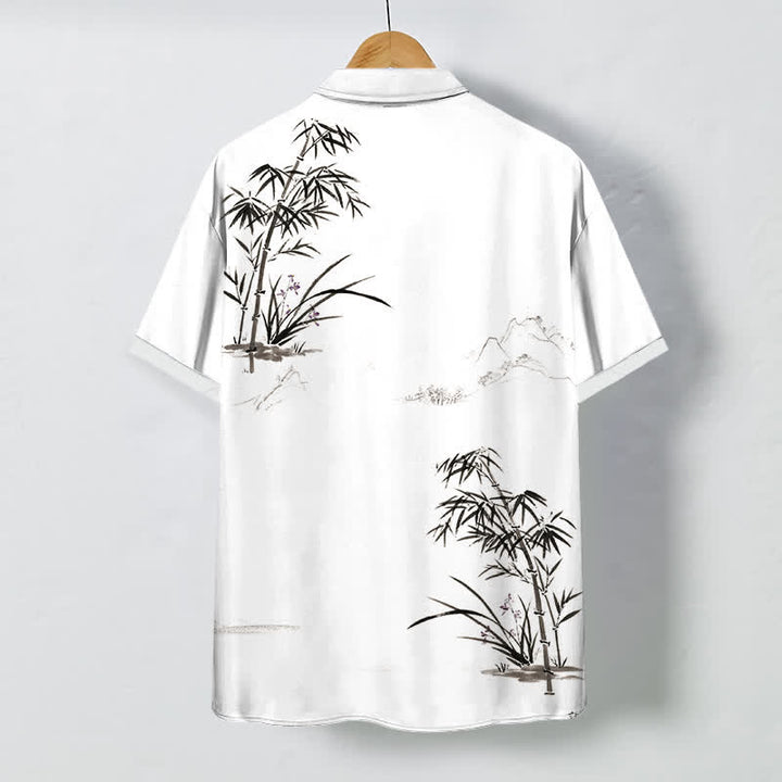 Buddha Stones Camisa de manga corta transpirable para hombre con botones y estampado de paisaje de bambú tinta - image 1