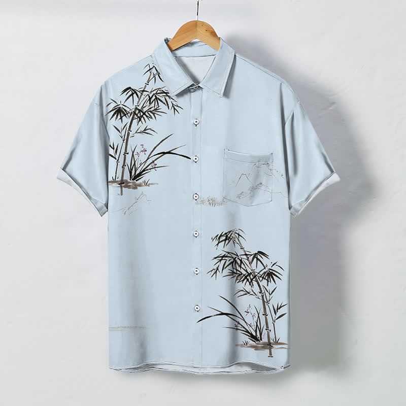 Buddha Stones Camisa de manga corta transpirable para hombre con botones y estampado de paisaje de bambú tinta - Azul claro - US/UK/AU48, UE58 (4XL) - image 3