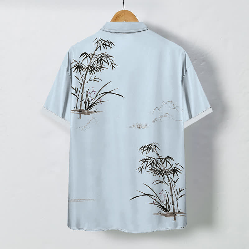 Buddha Stones Camisa de manga corta transpirable para hombre con botones y estampado de paisaje de bambú tinta - image 4