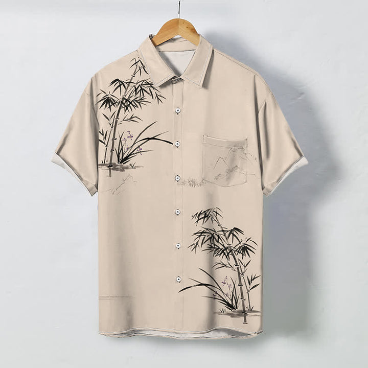 Buddha Stones Camisa de manga corta transpirable para hombre con botones y estampado de paisaje de bambú tinta - Blanco antiguo - US/UK/AU48, UE58 (4XL) - image 5