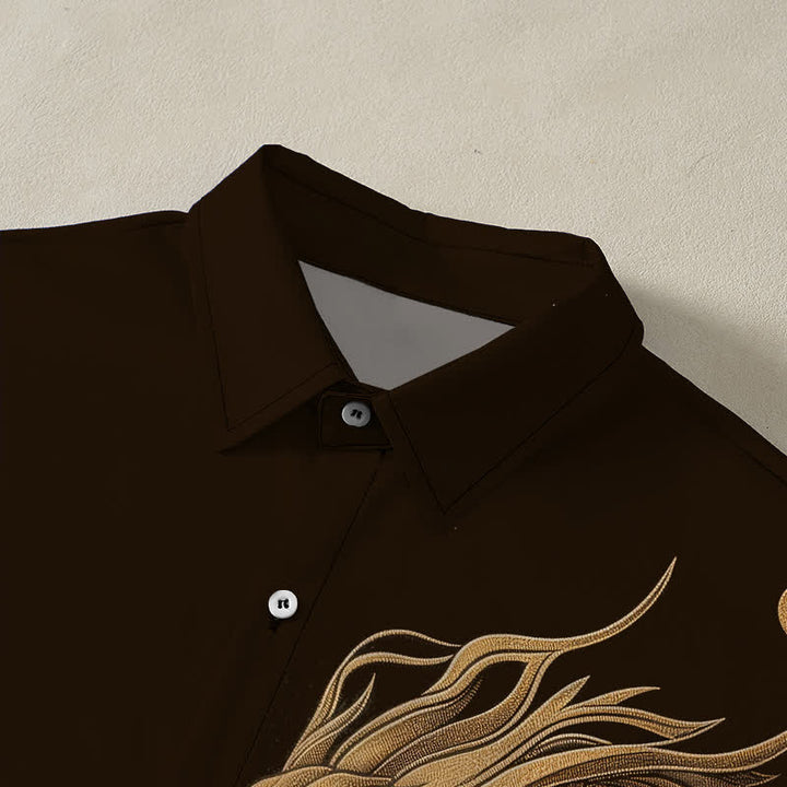 Buddha Stones Camisa transpirable de manga corta para hombre con botones y estampado de dragón oriental dorado - image 2