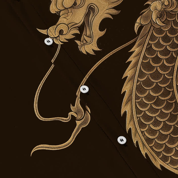 Buddha Stones Camisa transpirable de manga corta para hombre con botones y estampado de dragón oriental dorado - image 3