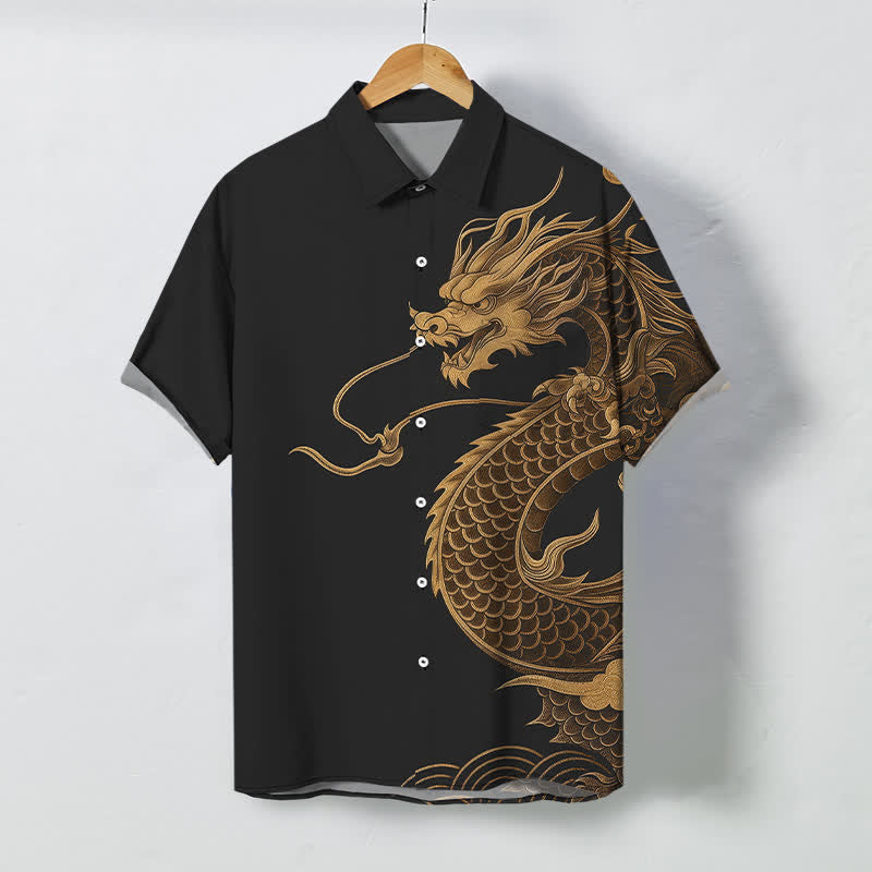 Buddha Stones Camisa transpirable de manga corta para hombre con botones y estampado de dragón oriental dorado - Negro - US/UK/AU48, UE58 (4XL) - image 5