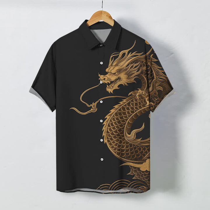 Buddha Stones Camisa transpirable de manga corta para hombre con botones y estampado de dragón oriental dorado - Negro - US/UK/AU48, UE58 (4XL) - image 5