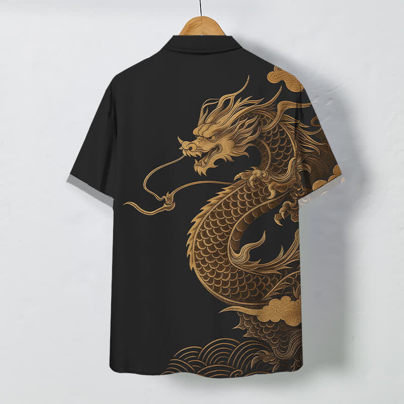 Buddha Stones Camisa transpirable de manga corta para hombre con botones y estampado de dragón oriental dorado - image 6