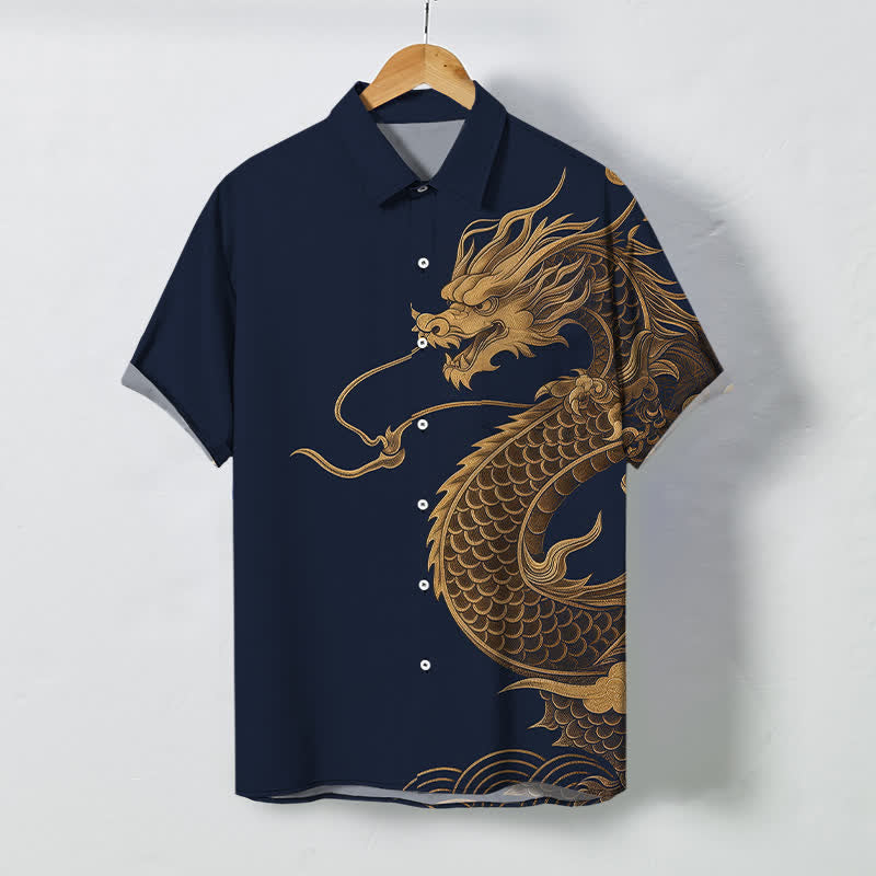 Buddha Stones Camisa transpirable de manga corta para hombre con botones y estampado de dragón oriental dorado - Azul medianoche - US/UK/AU48, UE58 (4XL) - image 7
