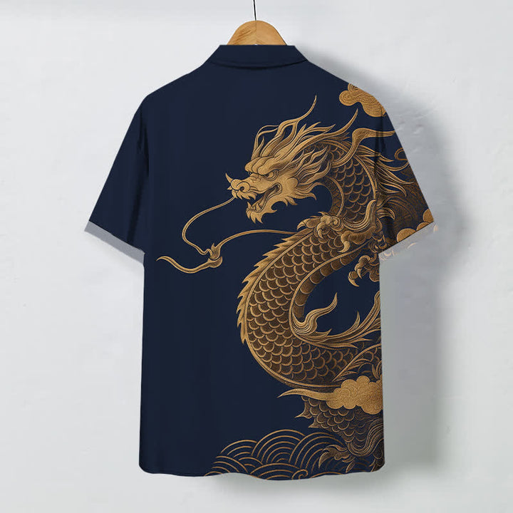 Buddha Stones Camisa transpirable de manga corta para hombre con botones y estampado de dragón oriental dorado - image 8