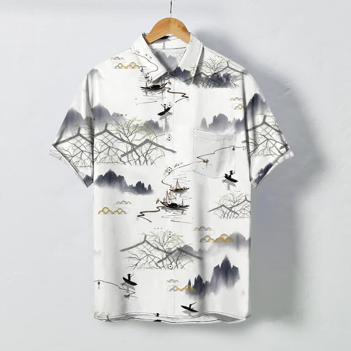 Buddha Stones Camisa transpirable de manga corta para hombre con estampado de paisaje de montaña y barco, botones y diseño de tinta. - Blanco - US/UK/AU48, UE58 (4XL) - image 0