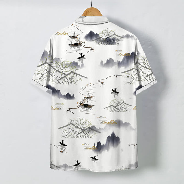 Buddha Stones Camisa transpirable de manga corta para hombre con estampado de paisaje de montaña y barco, botones y diseño de tinta. - image 1