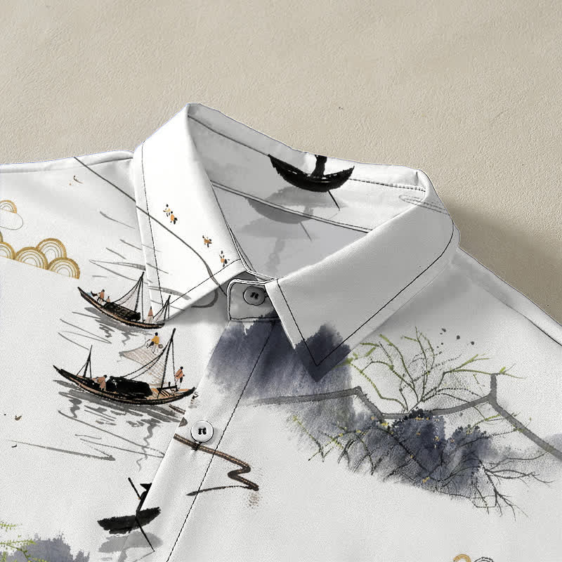 Buddha Stones Camisa transpirable de manga corta para hombre con estampado de paisaje de montaña y barco, botones y diseño de tinta. - image 2