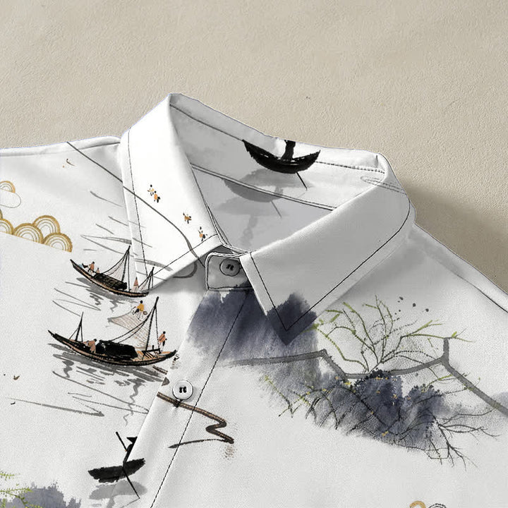 Buddha Stones Camisa transpirable de manga corta para hombre con estampado de paisaje de montaña y barco, botones y diseño de tinta. - image 2