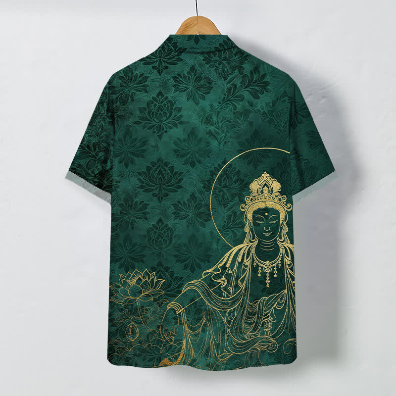 Buddha Stones Camisa de manga corta para hombre con botones y estampado botánico vintage de figuras de loto, resistente a las arrugas. - image 1