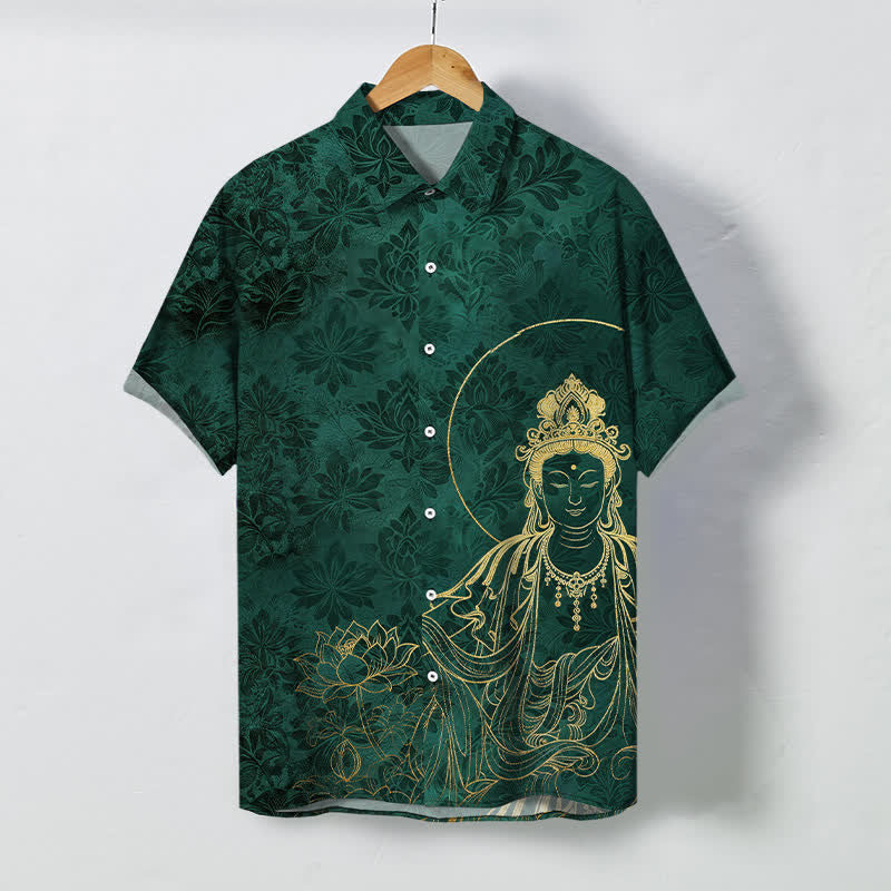 Buddha Stones Camisa de manga corta para hombre con botones y estampado botánico vintage de figuras de loto, resistente a las arrugas. - Verde oscuro - US/UK/AU48, UE58 (4XL) - image 0