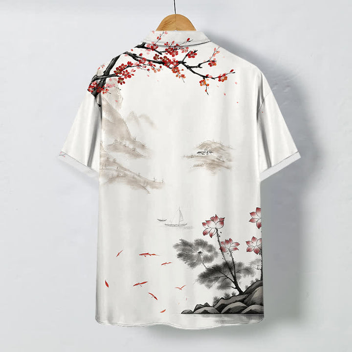 Buddha Stones Camisa transpirable de manga corta para hombre con botones y estampado de paisaje de tinta y flores rojas - image 1