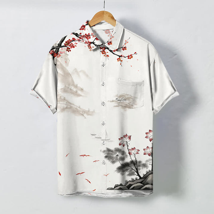 Buddha Stones Camisa transpirable de manga corta para hombre con botones y estampado de paisaje de tinta y flores rojas - Blanco - US/UK/AU48, UE58 (4XL) - image 0