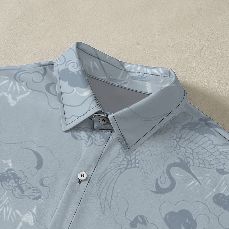 Buddha Stones Camisa transpirable de manga corta para hombre con botones y estampado de grullas en las nubes - image 2