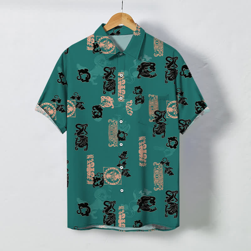 Buddha Stones Camisa de manga corta transpirable para hombre con botones y estampado de letras en color verde azulado vintage - Verde azulado - US/UK/AU48, UE58 (4XL) - image 0